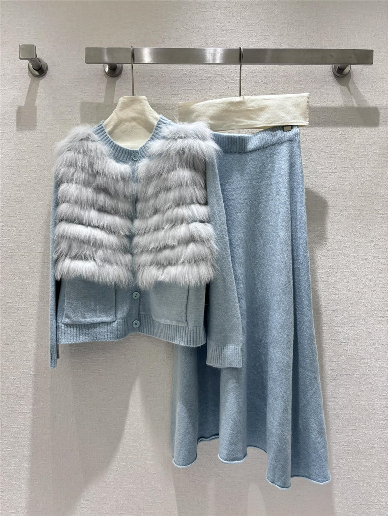 Wool fox fur top coat wool skirt suit