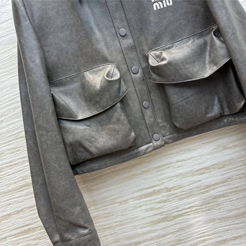 M1um1u flap lapel double pocket short leather jacket