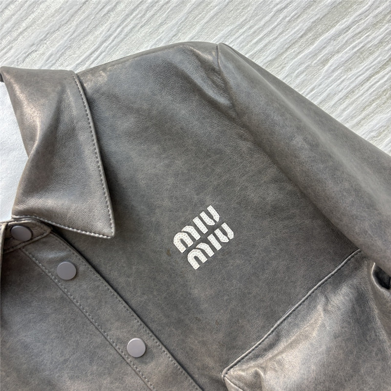 M1um1u flap lapel double pocket short leather jacket