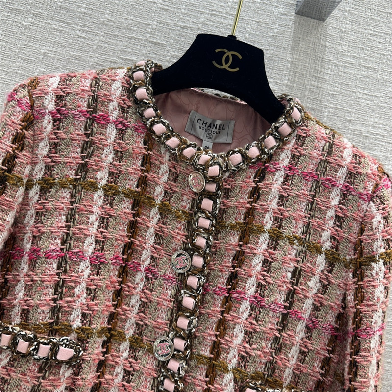 Ch**el pink and brown plaid tweed jacket