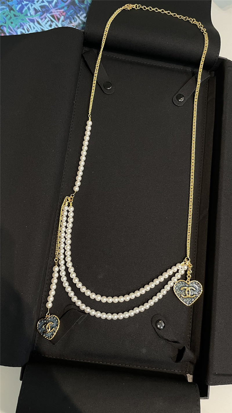 Ch**el imitation denim double c love pearl waist chain