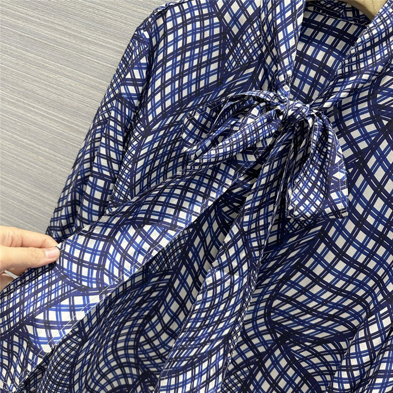 tory burch 3D geometric premium blue plaid printed silk shirt