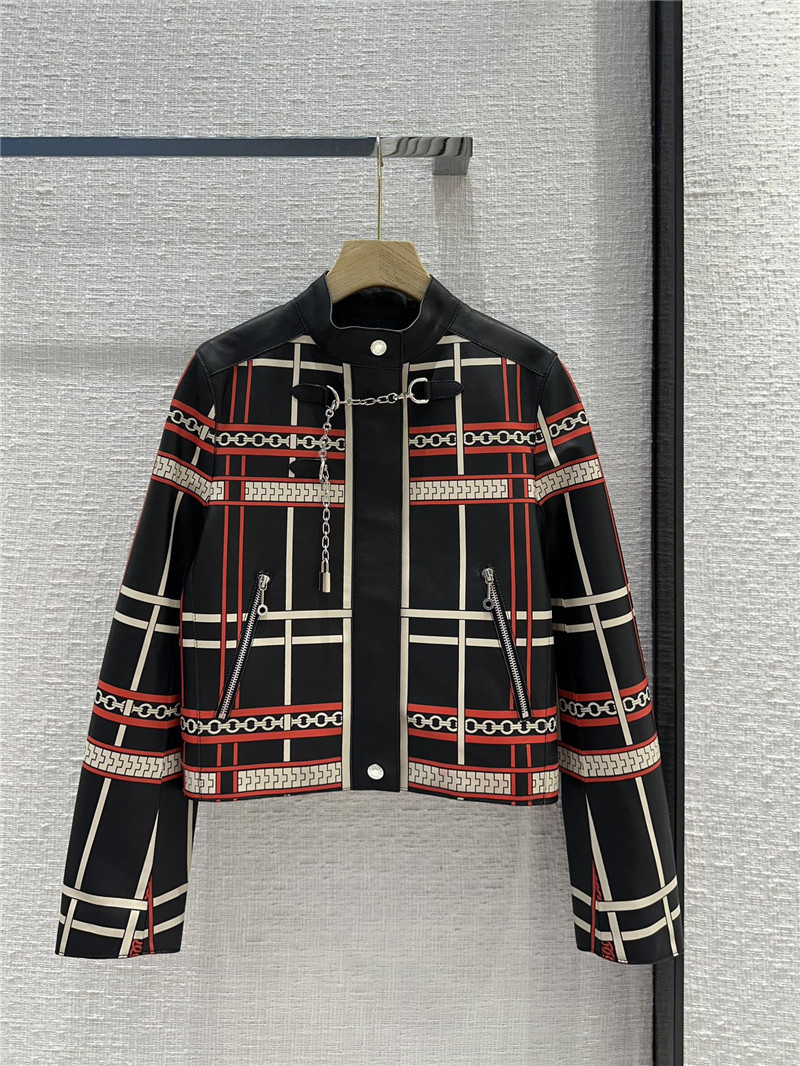 H**me5 positioning red plaid chain print lambskin jacket