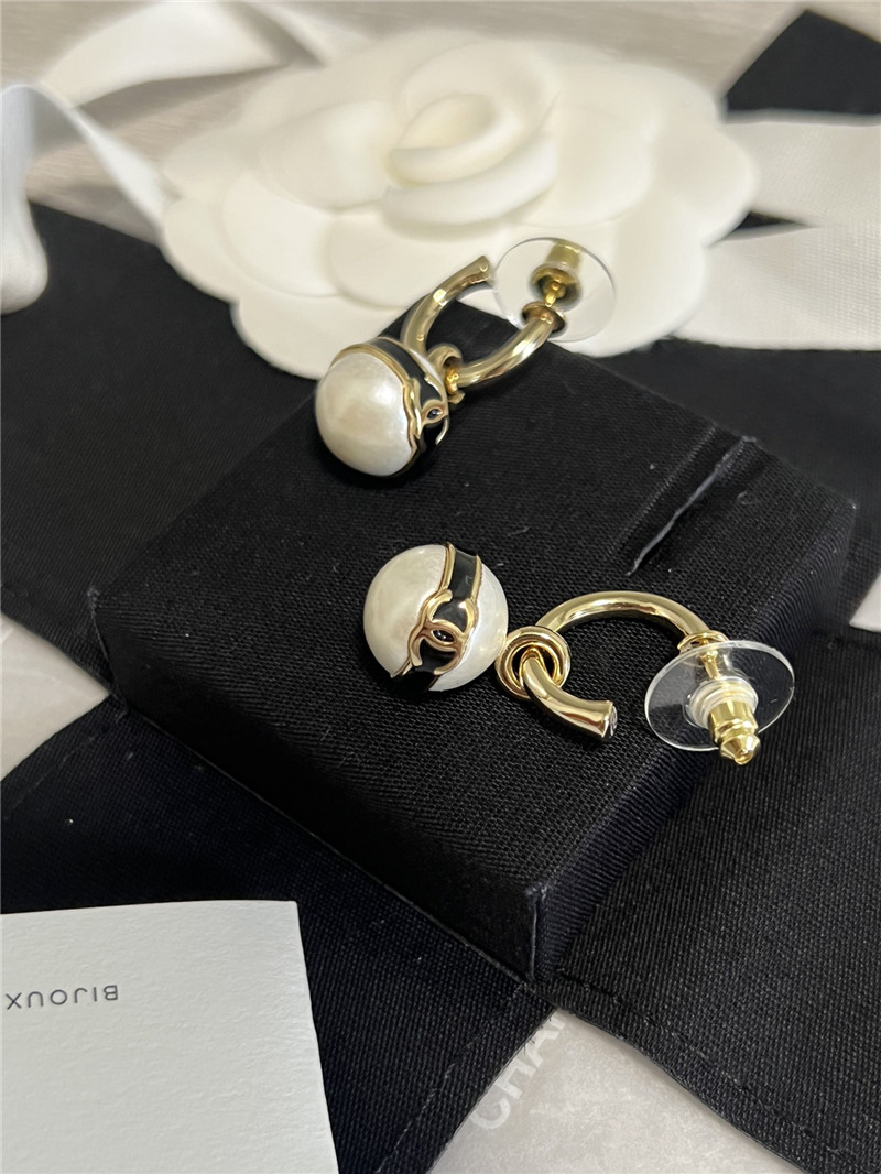 Ch**el pearl bean black enamel double c earrings