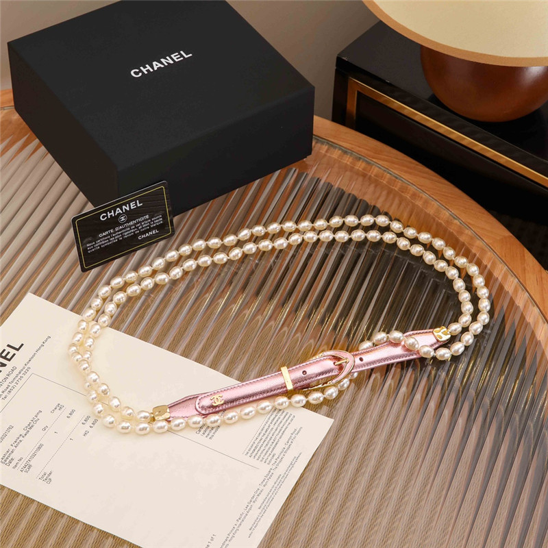 Ch**el classic leather pin buckle with pearl belt