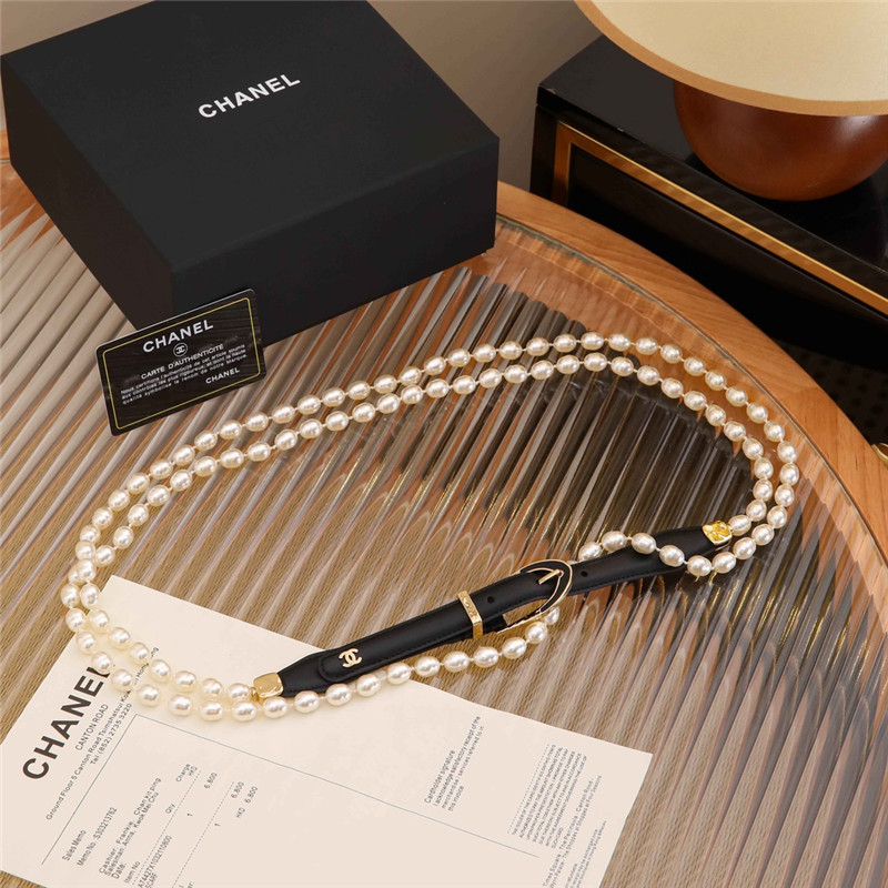 Ch**el classic leather pin buckle with pearl belt