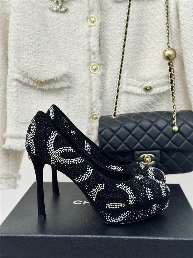 Ch**el double c rhinestone high heels replica shoes