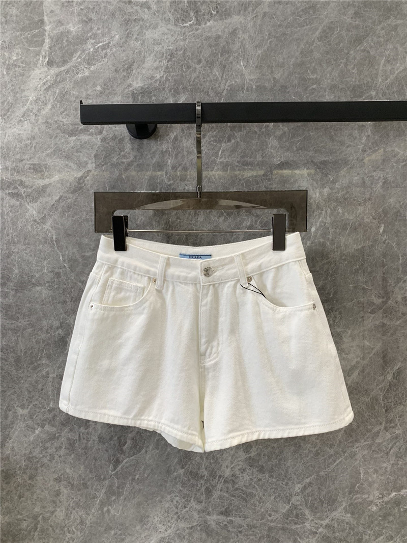 Pra*a triangle logo white denim shorts replica designer clothes