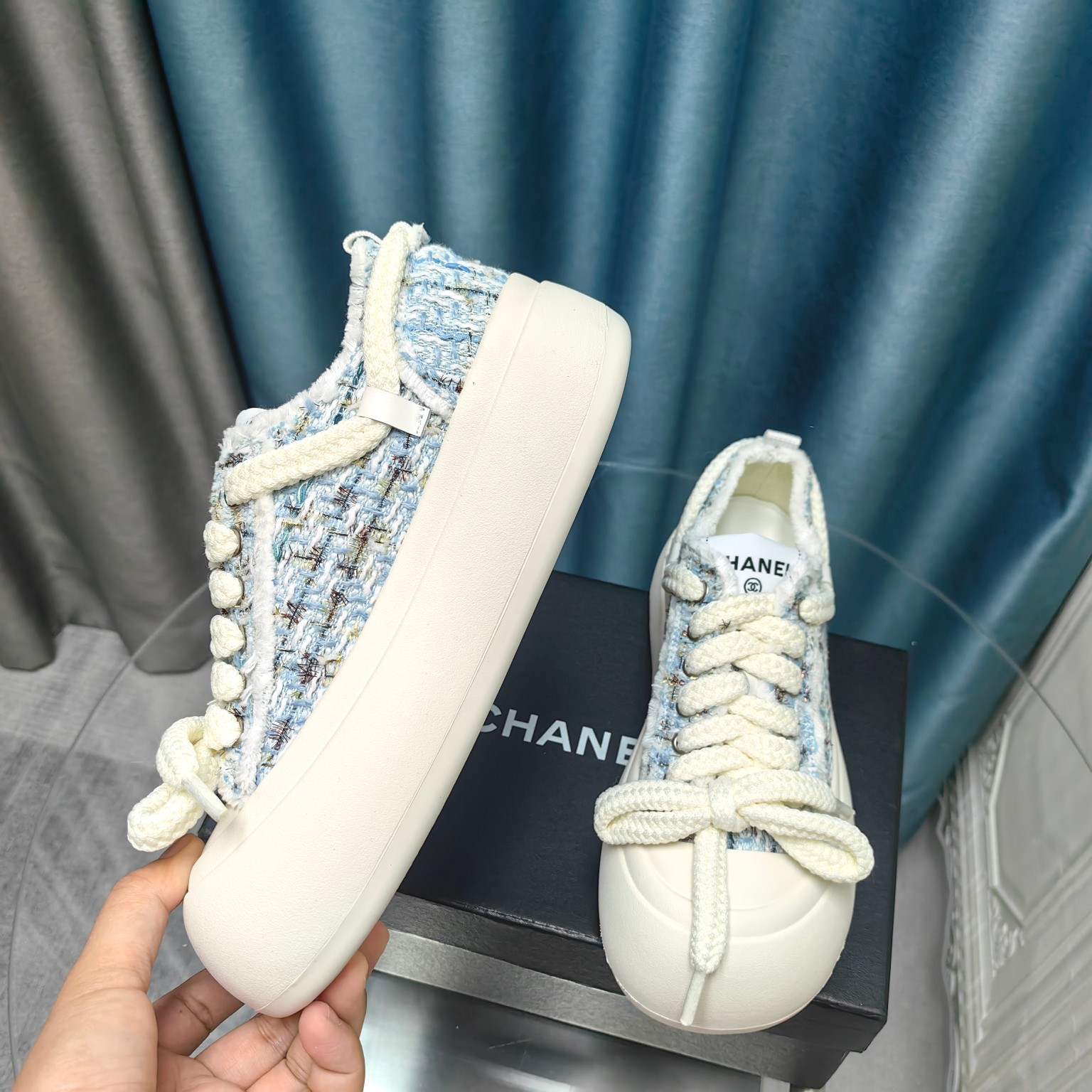 Ch**el blue platform canvas sneakers