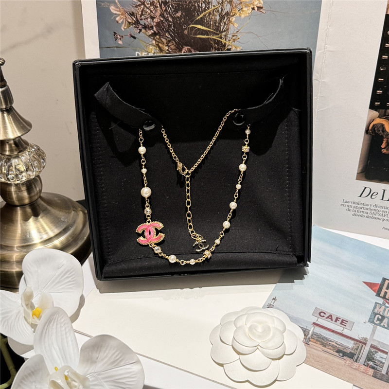 Ch**el pink glass pearl and rhinestone necklace