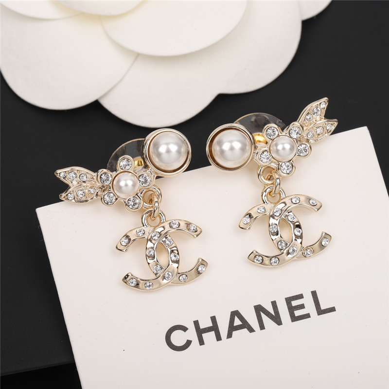 Ch**el small flower leaf hanging double c earrings
