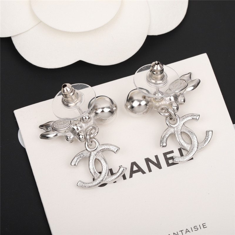 Ch**el small flower leaf hanging double c earrings