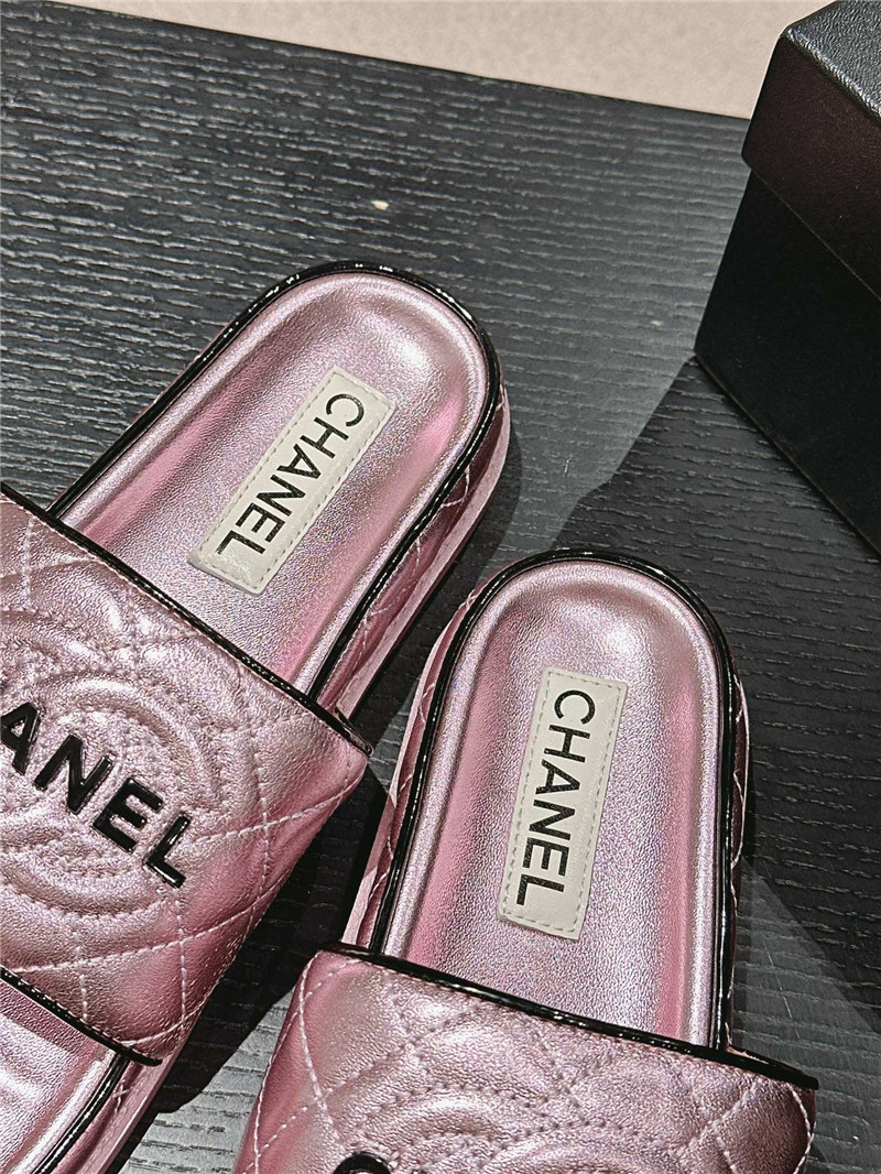 Ch**el lambskin quilted textured mules sandals purple
