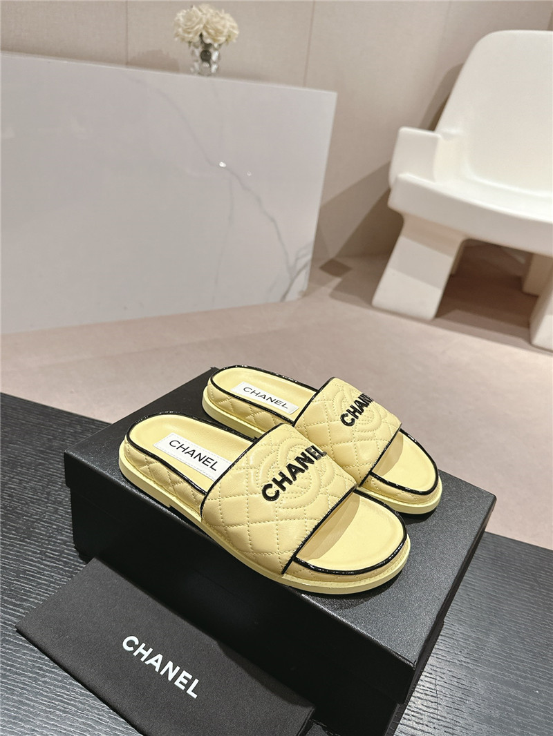 Ch**el lambskin quilted mules sandals yellow