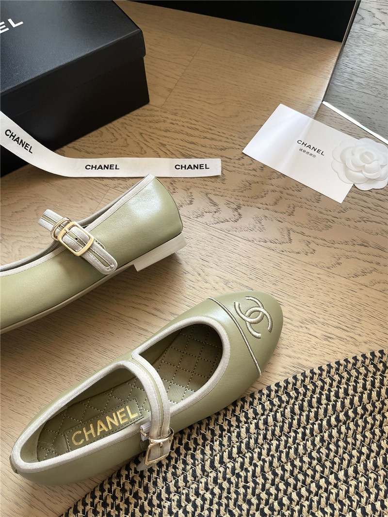 Ch**el mary janes green leather ballet flats