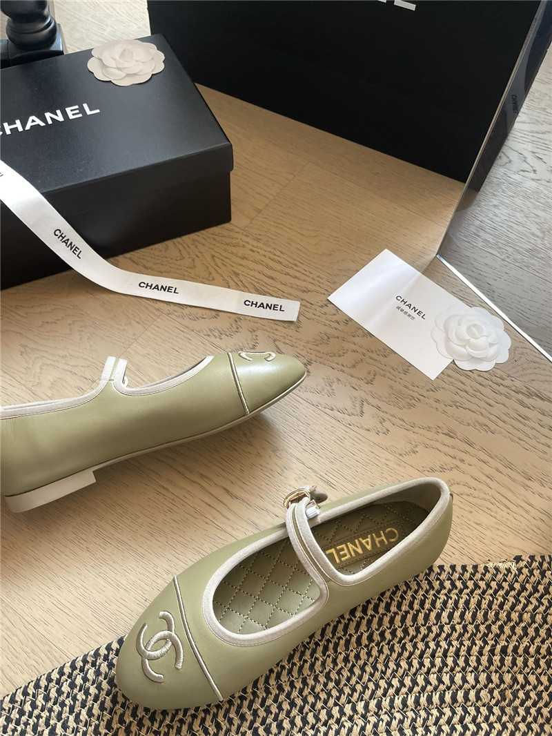 Ch**el mary janes green leather ballet flats