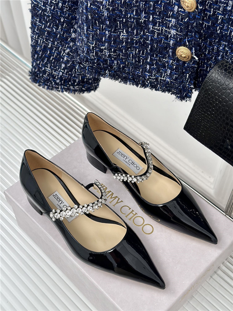 J1m*y Ch00 bing 25 crystal strap patent leather flats black