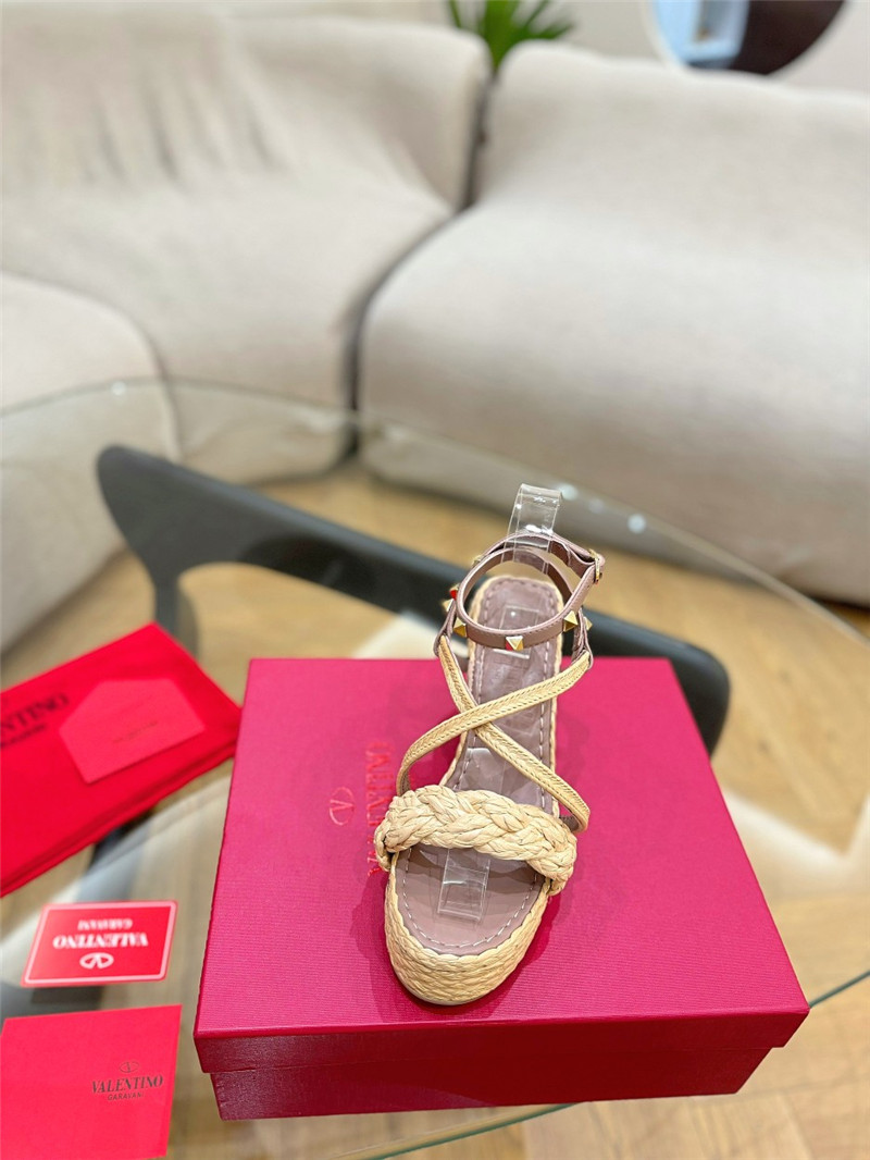 Va1e*ntin0 garavani rockstud raffia leather espadrille sandals beige