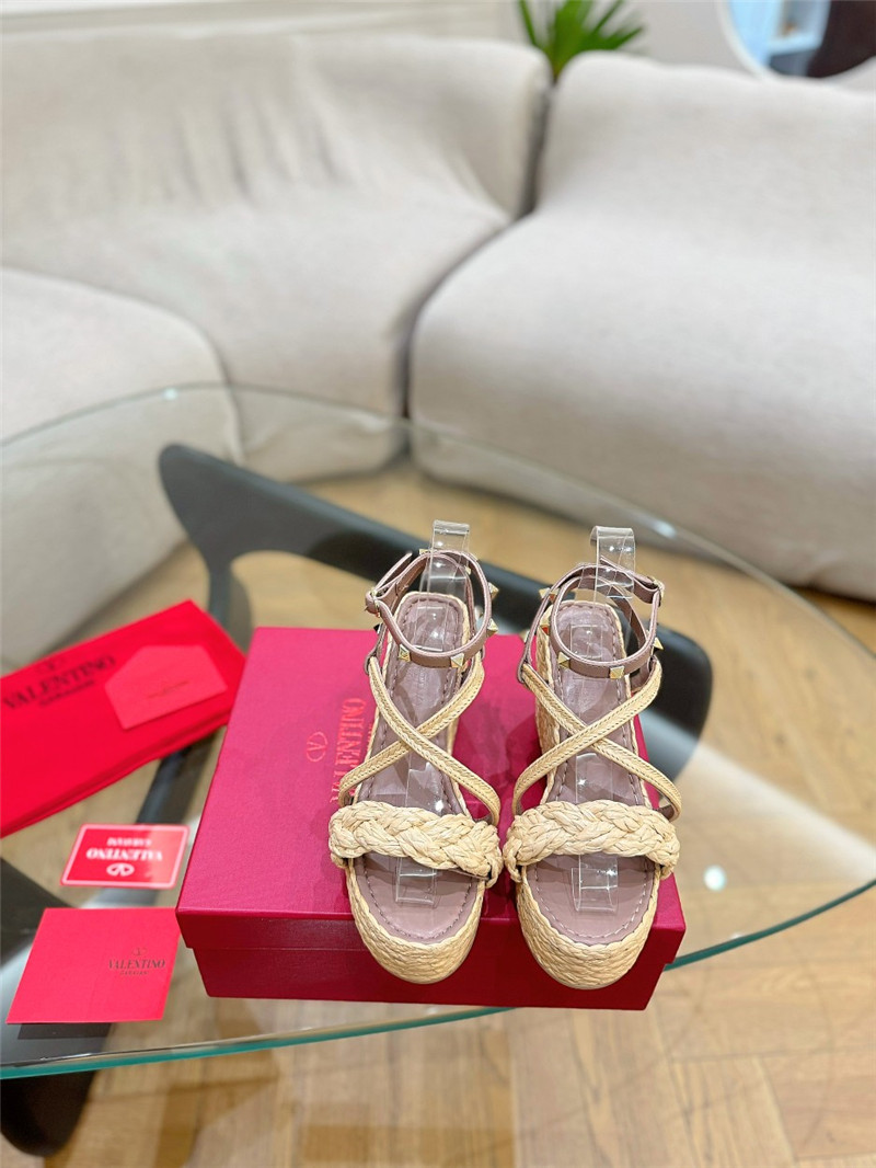 Va1e*ntin0 garavani rockstud raffia leather espadrille sandals beige