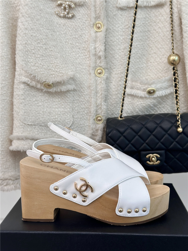 Ch**el calfskin studded slingback clog sandals white