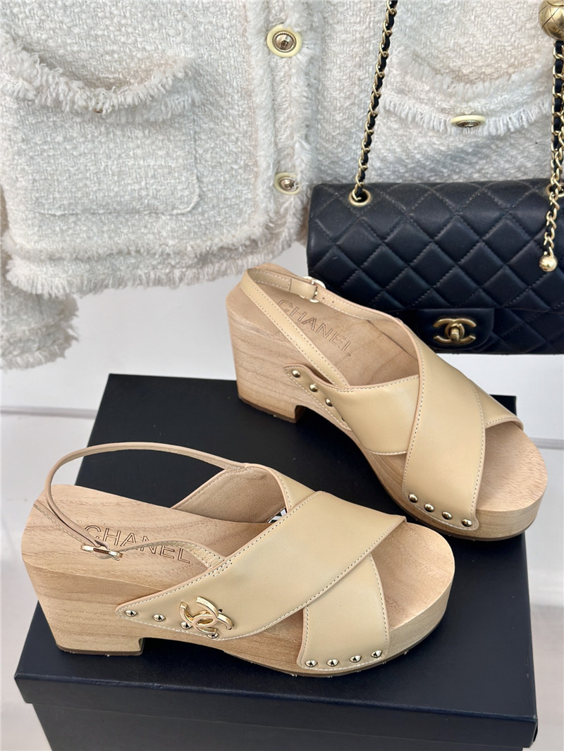 Ch**el calfskin studded slingback clog sandals beige