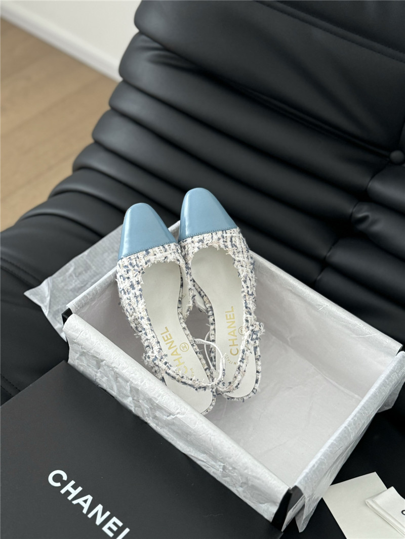 Ch**el tweed lambskin cap toe slingback pumps
