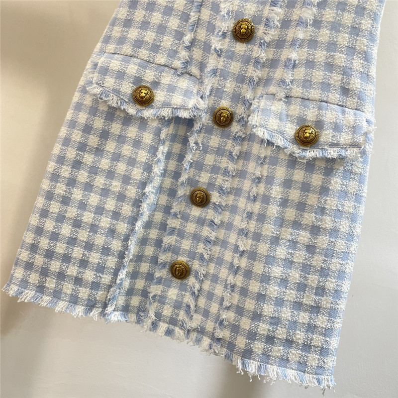 Balmain blue and white plaid fringe dress replica clothes