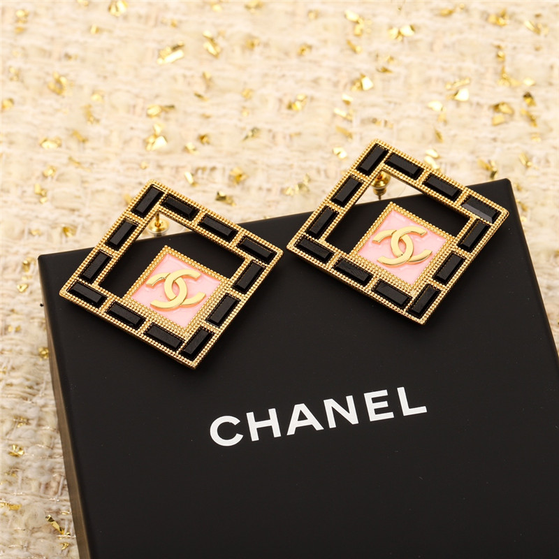 ch**el D1am0nd square rhinestone pink earrings