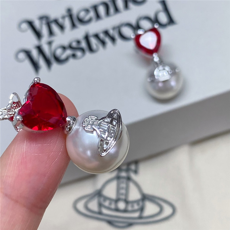 u1u1enne westwood heart d1am0nd saturn pearl stud earrings