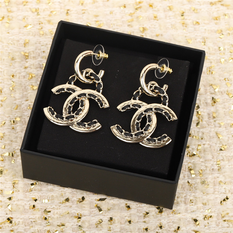 Ch**el leather chain double c earrings