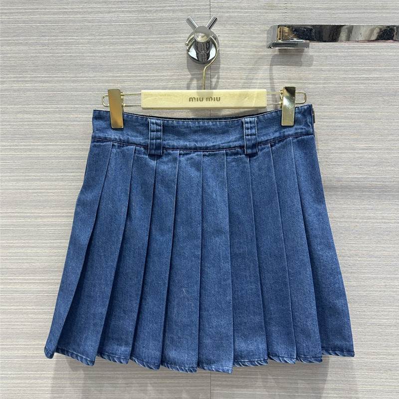 M1um1u soft denim low waist pleated short skirt replica clothes