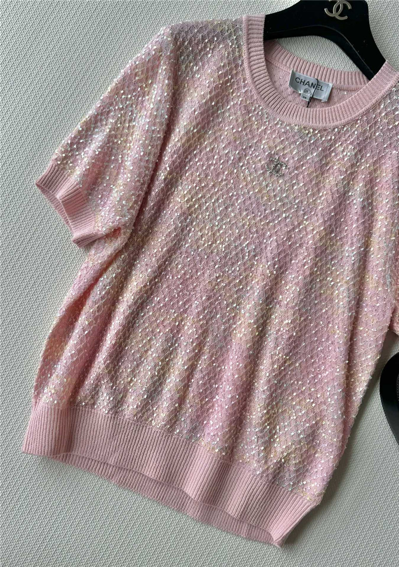 Ch**el new bling beads embellished short-sleeved replica clothing