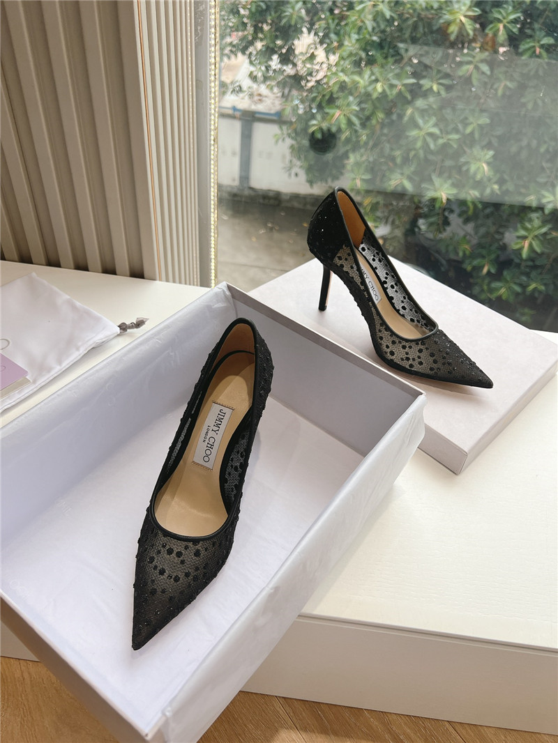 J1m*y Ch00 black mesh pumps with dégradé crystals