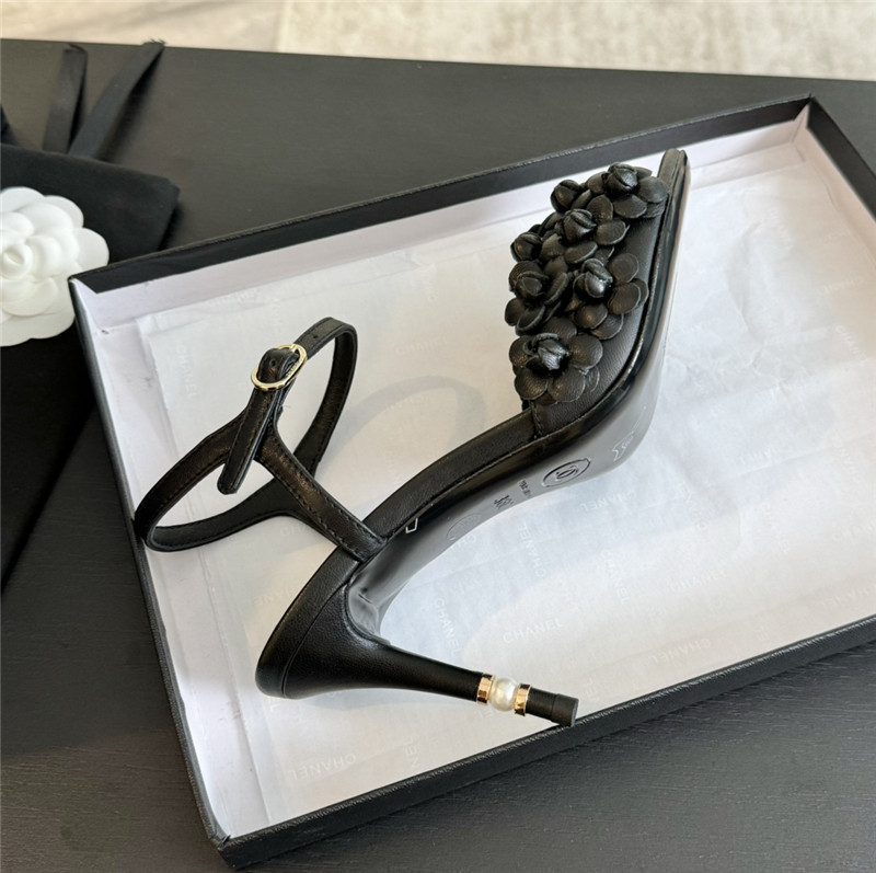 Ch**el camellia strap high heel sandals black