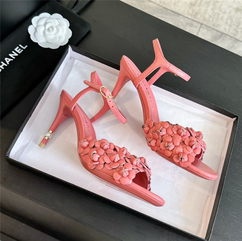Ch**el camellia strap high heel sandals rose red