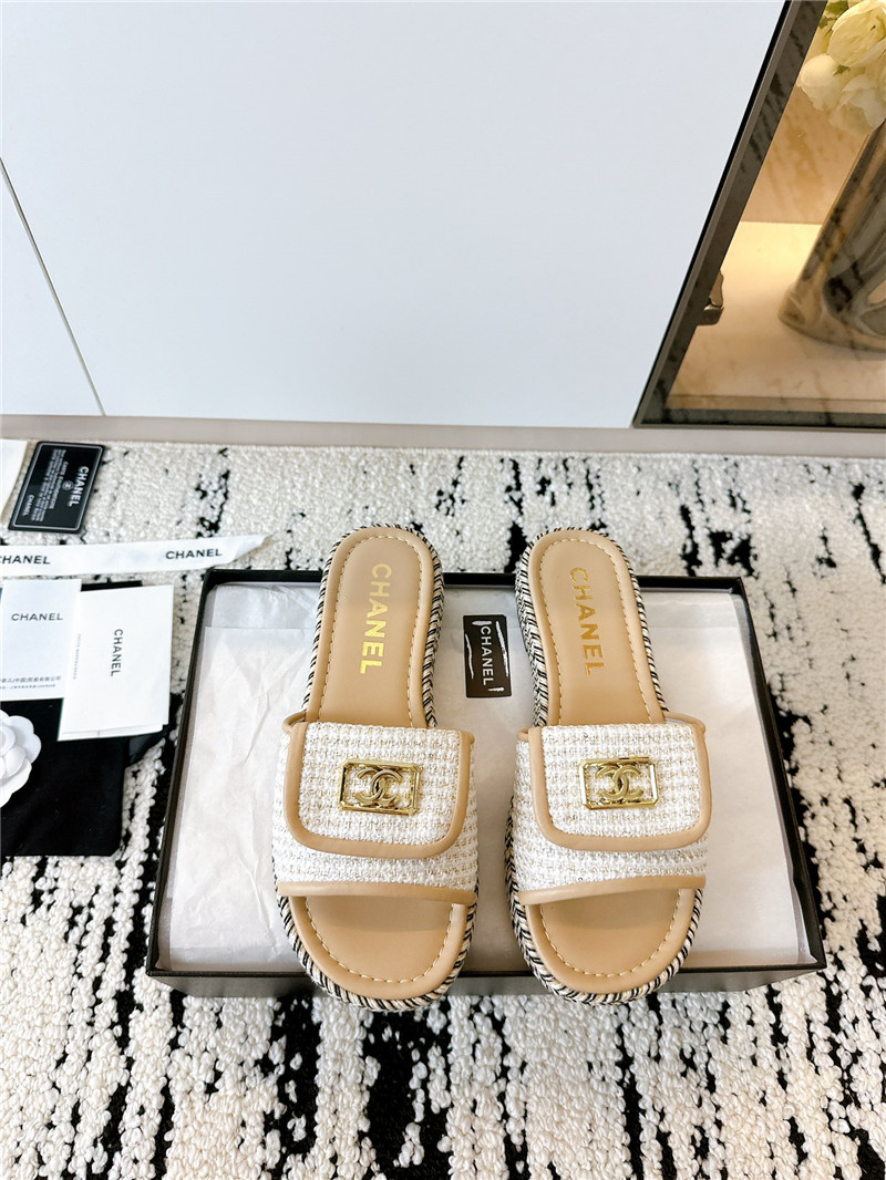 Ch**el tweed beige calfskin slippers