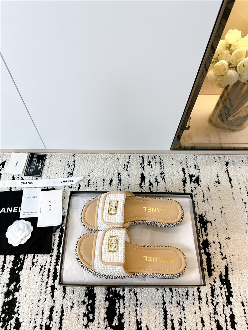 Ch**el tweed beige calfskin slippers