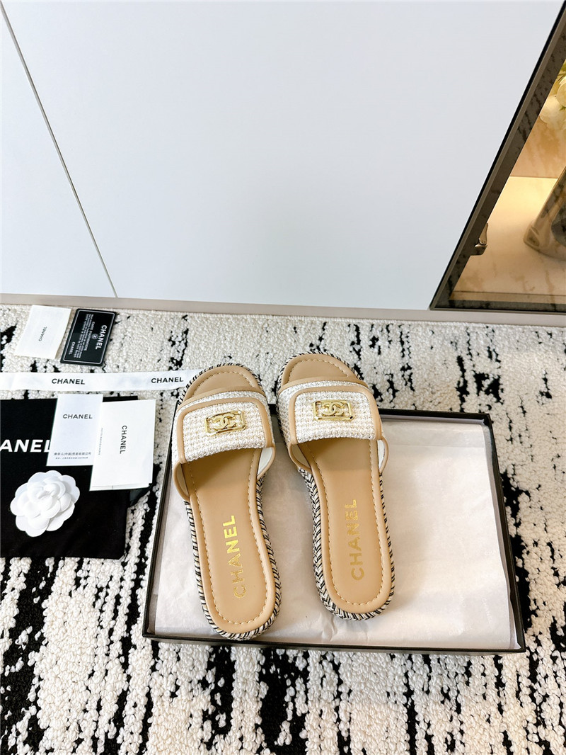 Ch**el tweed beige calfskin slippers