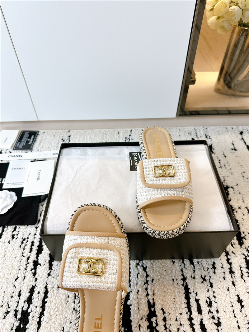 Ch**el tweed beige calfskin slippers