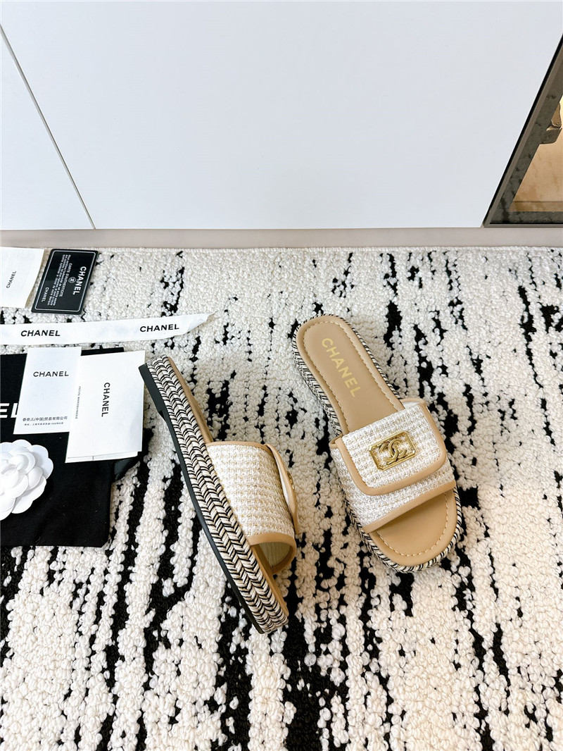 Ch**el tweed beige calfskin slippers