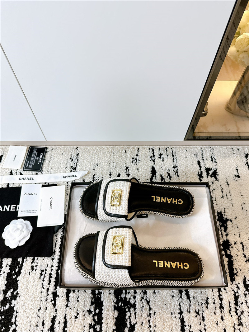 Ch**el tweed black calfskin slippers