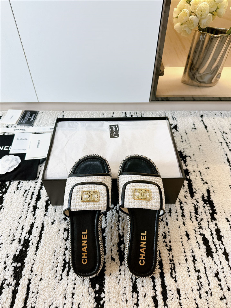 Ch**el tweed black calfskin slippers