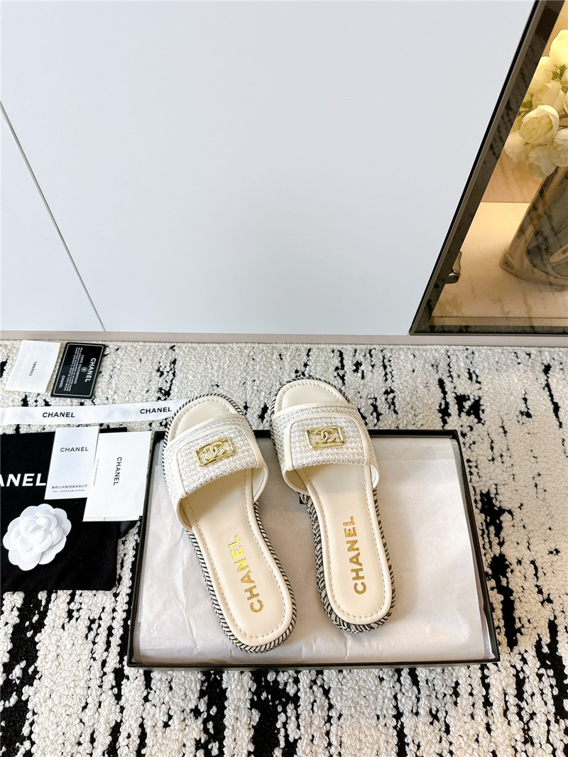 Ch**el tweed white calfskin slippers