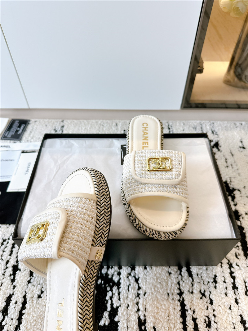 Ch**el tweed white calfskin slippers