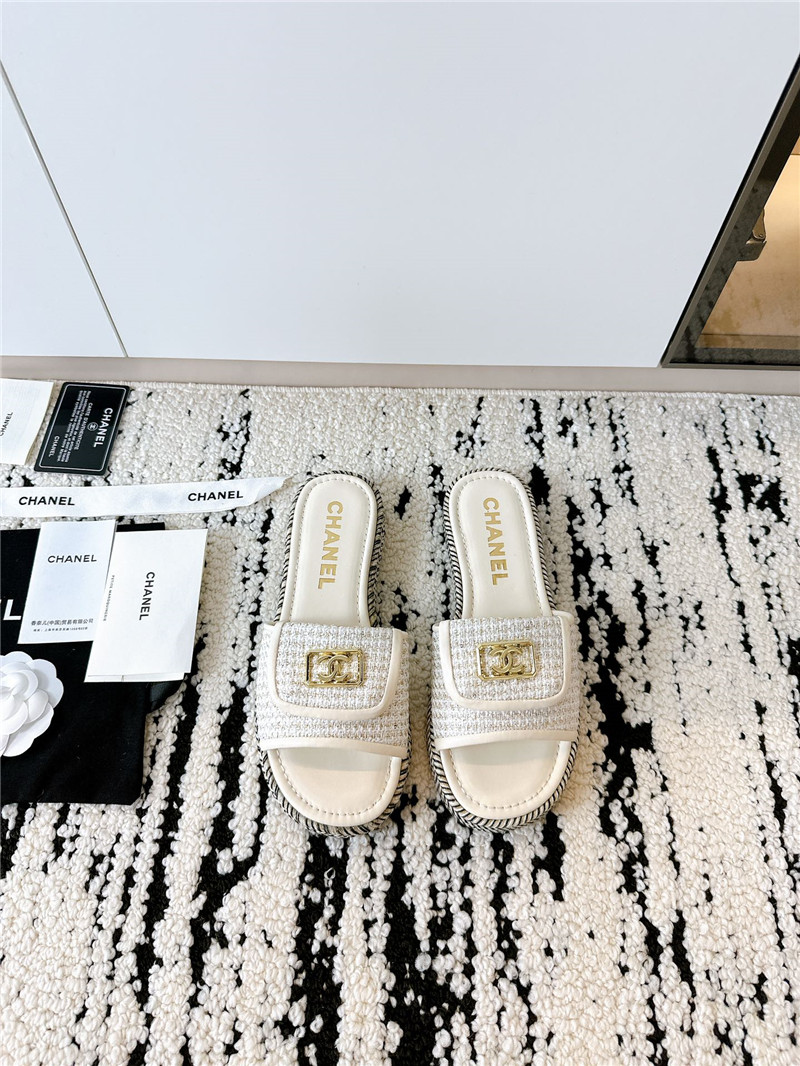 Ch**el tweed white calfskin slippers