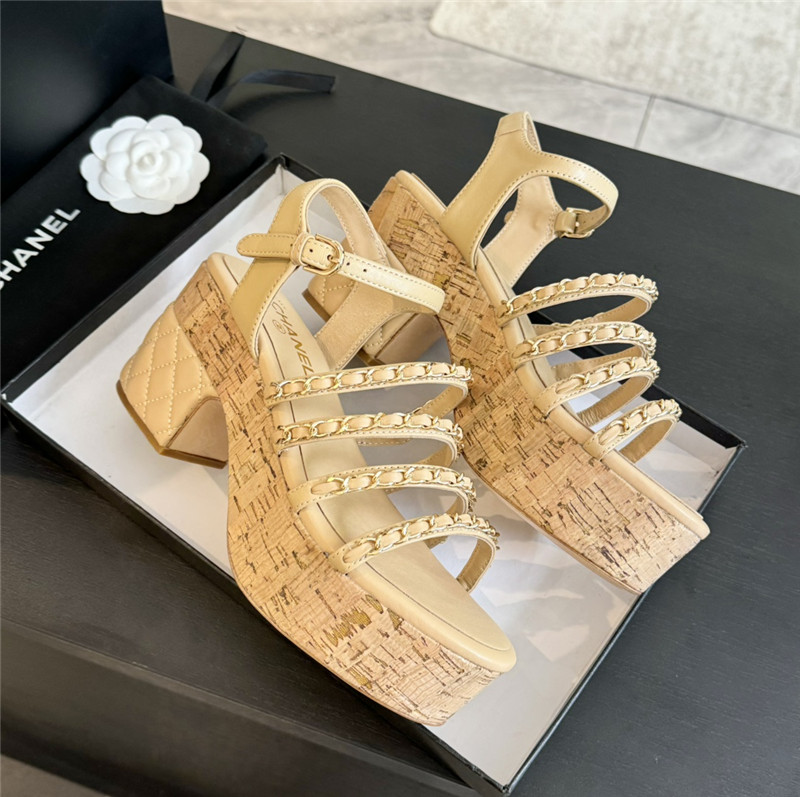 Ch**el leather chain platform sandals beige