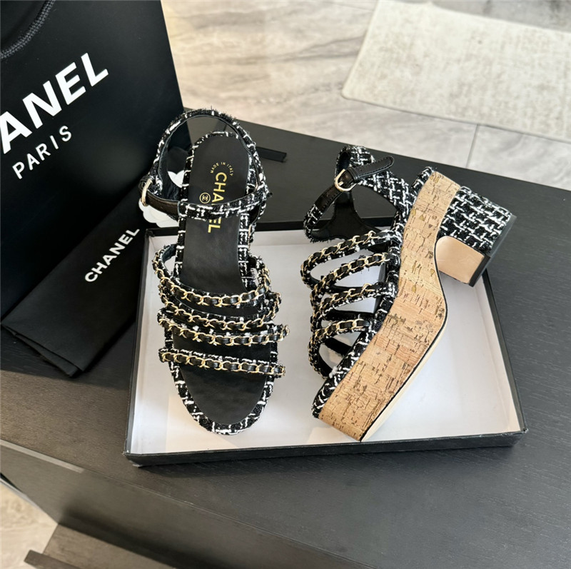 Ch**el tweed chain platform sandals black