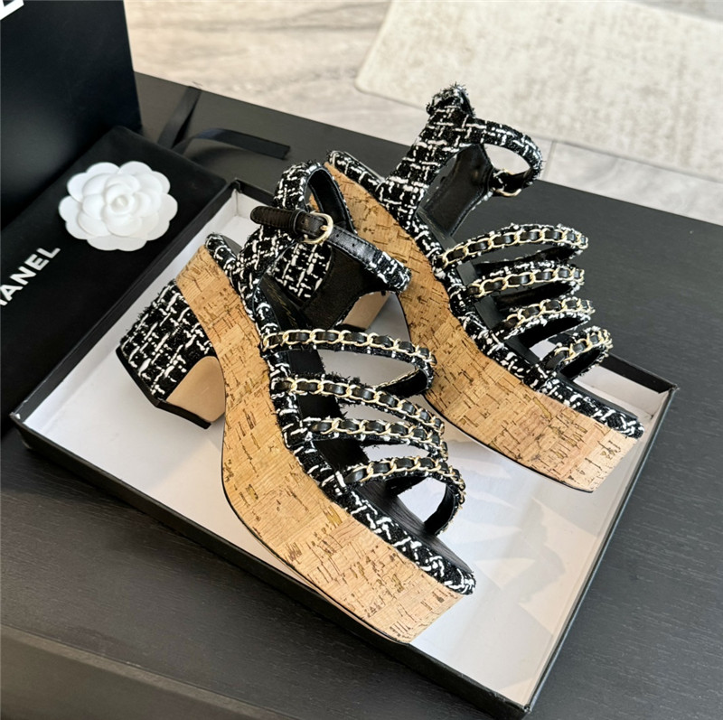Ch**el tweed chain platform sandals black