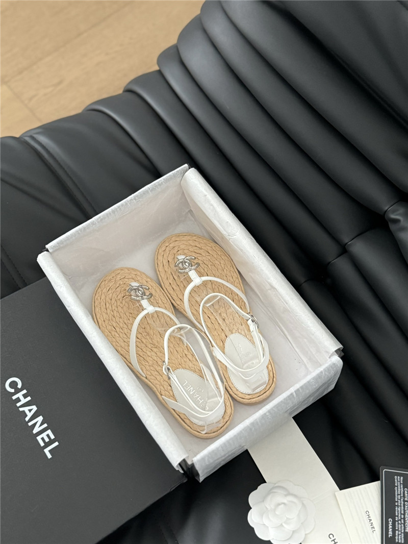 Ch**el beige calfskin raffia slingback sandals
