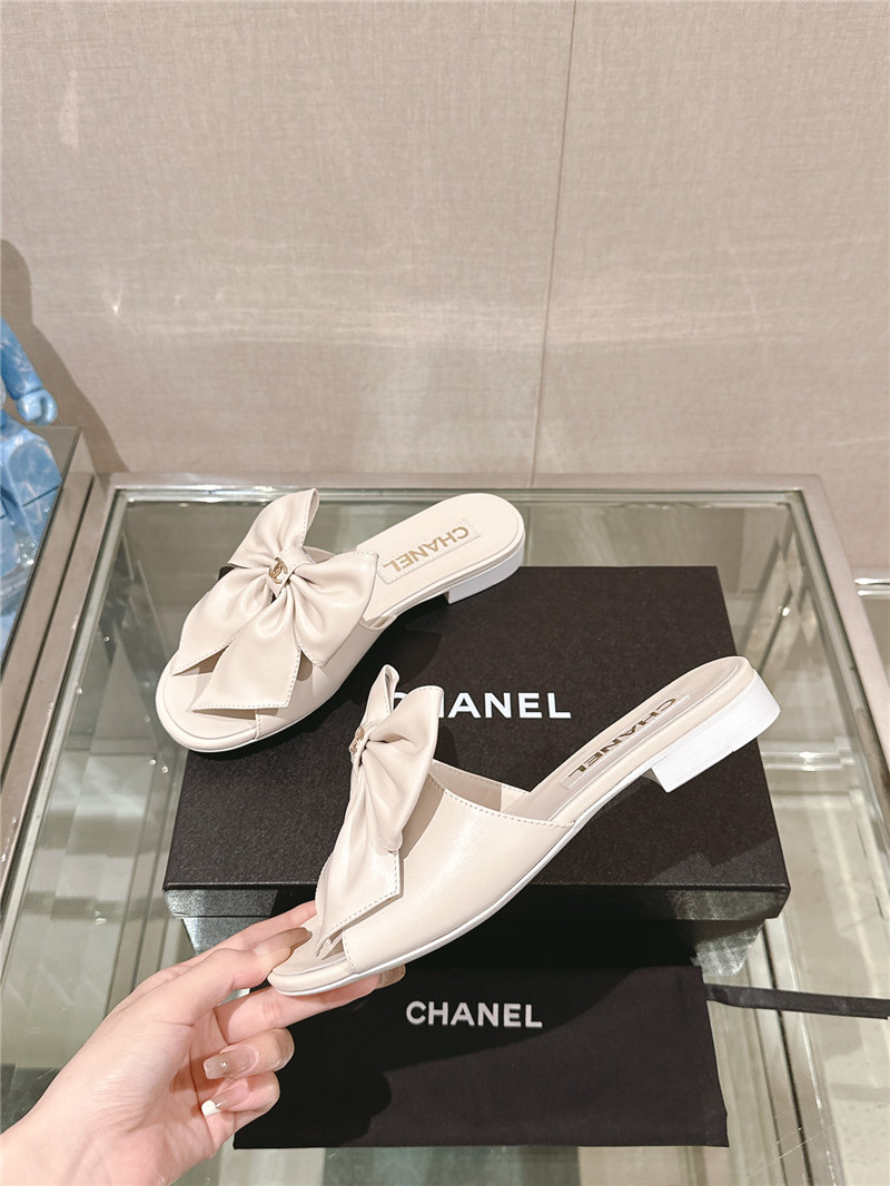 Ch**el flat silk bow leather sandals white